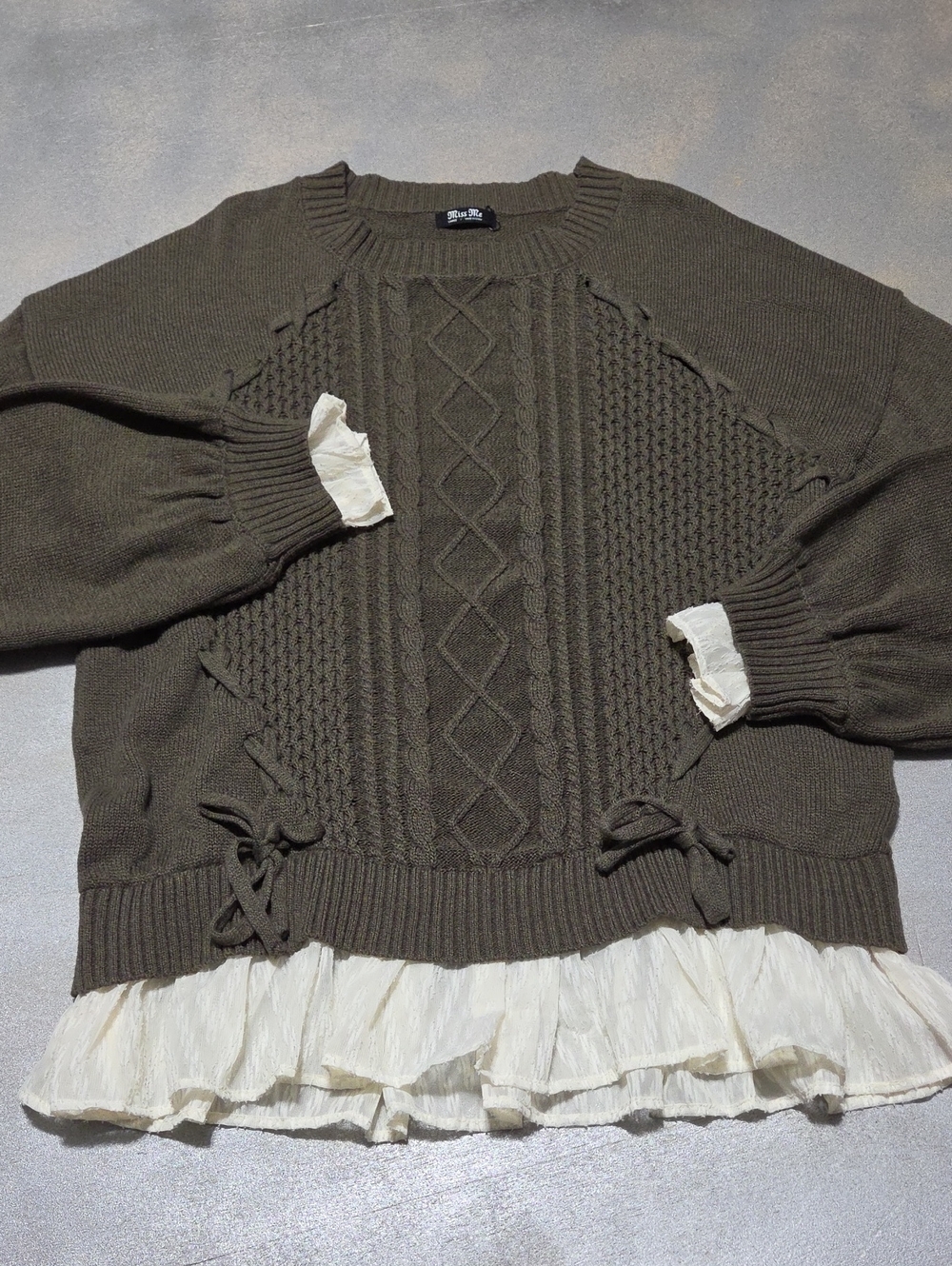 Miss Me Olive Cable-Knit Crewneck Sweater with Cream Ruffle Trim